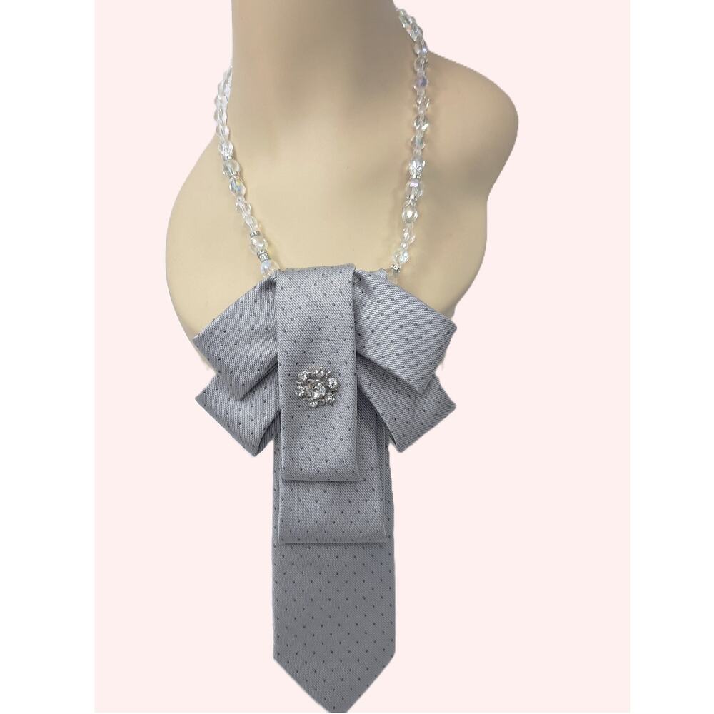 Artisan Vintage Silk Tie Pendant Crystal Beaded Necklace Calvin Klein Gray Sheen